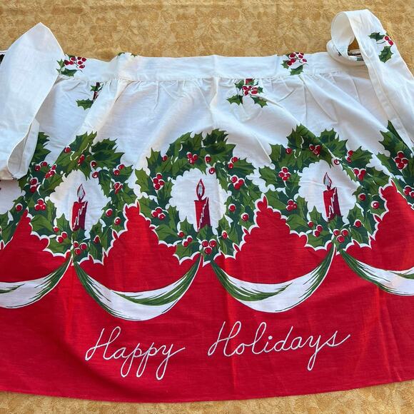 Happy Holidays Candle & Wreath Tie Half Apron - Picture 1 of 6